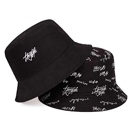 TUOLUO Sombrero De Pescador De Doble Cara Sombrero De Sol De Verano para Mujer Impresión De Letras Sombrero De Cuenca Salvaje Sombrero De Cubo De Hip Hop Negro