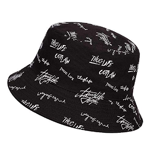 TUOLUO Sombrero De Pescador De Doble Cara Sombrero De Sol De Verano para Mujer Impresión De Letras Sombrero De Cuenca Salvaje Sombrero De Cubo De Hip Hop Negro