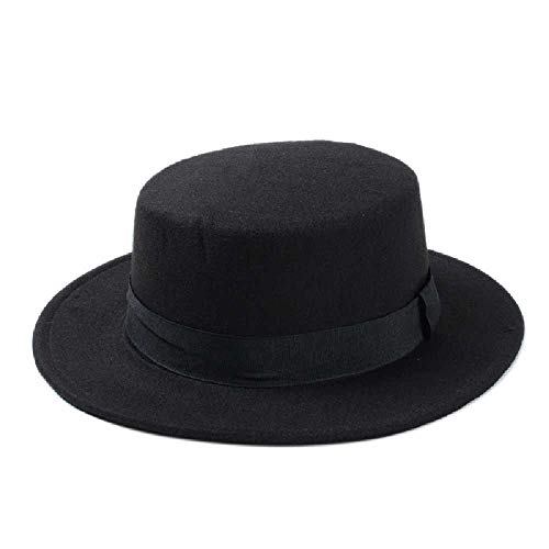 TUOLUO Sombrero Plano De Lana para Mujer Sombrero De Fieltro De ala Ancha Fieltro Laday Prok Pie Bombín Negro