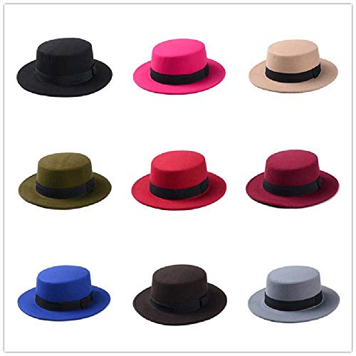 TUOLUO Sombrero Plano De Lana para Mujer Sombrero De Fieltro De ala Ancha Fieltro Laday Prok Pie Bombín Negro
