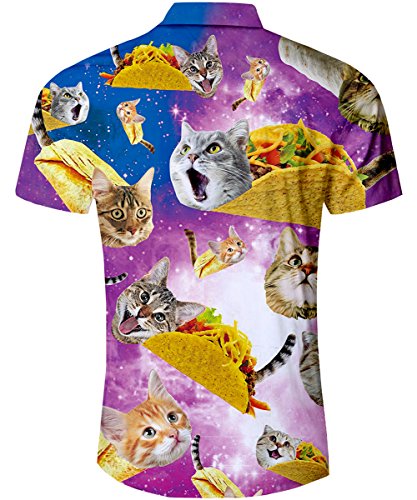 TUONROAD Camisas de Hombre Funky Camisa Hawaiana 3D Pizza Gato Verano Casual Manga Corta Tops T Shirt L
