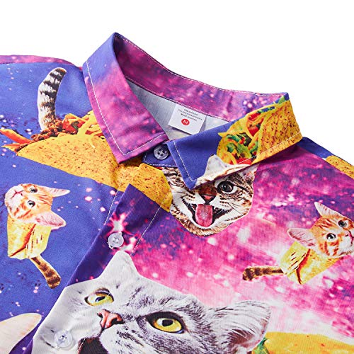 TUONROAD Camisas de Hombre Funky Camisa Hawaiana 3D Pizza Gato Verano Casual Manga Corta Tops T Shirt L