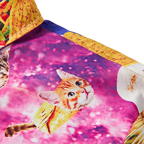 TUONROAD Camisas de Hombre Funky Camisa Hawaiana 3D Pizza Gato Verano Casual Manga Corta Tops T Shirt L