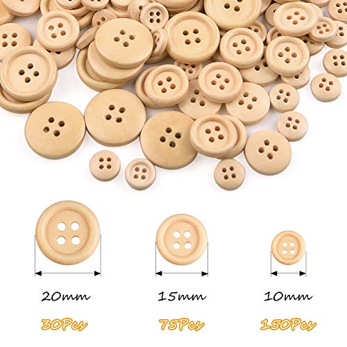 TUPARKA 255 UNIDS Botones de Madera Tamaño Mixto Botón de Forma Redonda de Madera Natural para Coser Artesanía Decoraciones 10mm 15mm 20mm (255 Pcs)