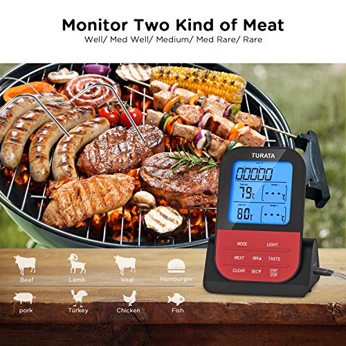 turata Carne Termómetro Tiempo de radio para asados con cuchillo, 2 sensores de temperatura sondas, magnético posterior, pantalla LCD de fondo auslesen instantáneo, Digital Barbacoa Termómetro