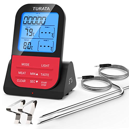 turata Carne Termómetro Tiempo de radio para asados con cuchillo, 2 sensores de temperatura sondas, magnético posterior, pantalla LCD de fondo auslesen instantáneo, Digital Barbacoa Termómetro