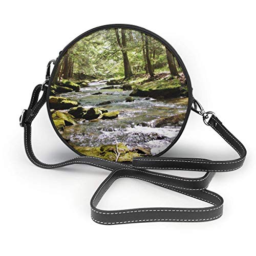 TURFED Forest Stones River Bolsos cruzados redondos Bolso de hombro Correa de cadena de cuero PU ajustable y cremallera Bolso pequeño Bolso redondo para teléfono celular Asa