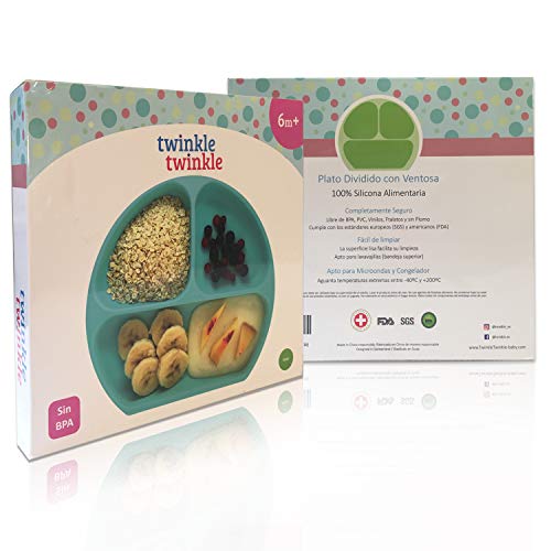 Twinkle - Plato de Silicona con Ventosa para Bebe - Plato Infantil Antideslizante con Succion para BLW y Aprendizaje Bebes (Verde)