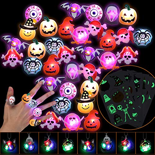 Twister.CK Anillos de Luces LED para Halloween para niños, 54 Piezas de Juguetes con Luces LED para Fiestas, Anillos Intermitentes, Tatuajes para Bolsas de Suministros para Fiestas, Relleno