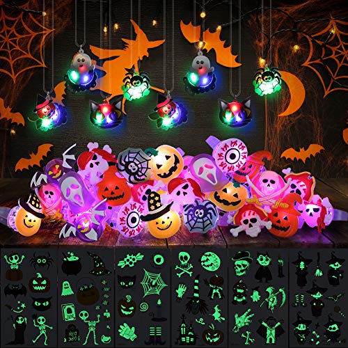 Twister.CK Anillos de Luces LED para Halloween para niños, 54 Piezas de Juguetes con Luces LED para Fiestas, Anillos Intermitentes, Tatuajes para Bolsas de Suministros para Fiestas, Relleno