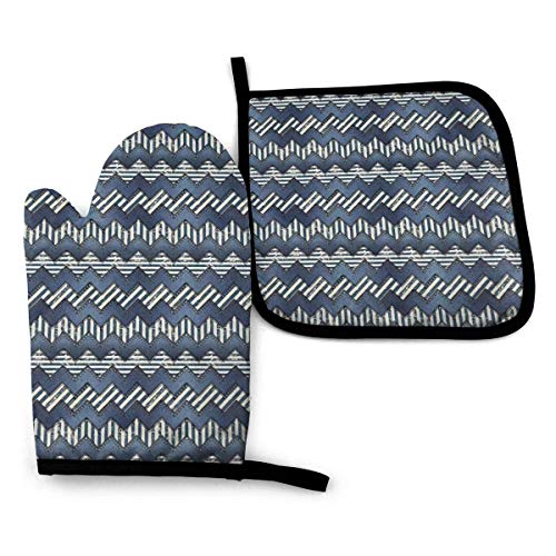U Shape Guantes de Horno de 2 Piezas y Soporte para Ollas Patchwork de Tela de Mezclilla Manoplas de Horno de Cocina Impermeables Almohadilla de Olla Resistente Al Calor para Hornear Barbacoa