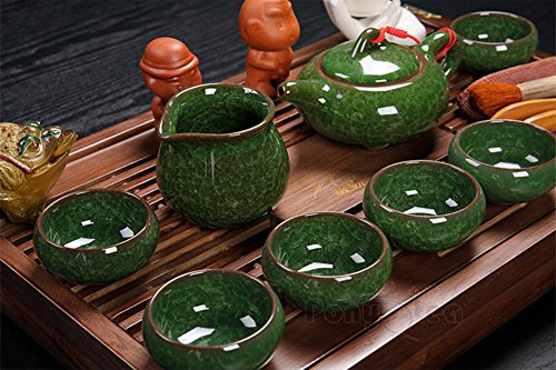 ufengke Grietas De Hielo Juego De Té De Cerámico Chino, Exquisito Kung Fu Juego De Té Con Bandeja De Té De Madera, Para Regalo, La Familia Y La Oficina- Verde Oscuro