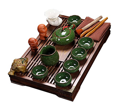 ufengke Grietas De Hielo Juego De Té De Cerámico Chino, Exquisito Kung Fu Juego De Té Con Bandeja De Té De Madera, Para Regalo, La Familia Y La Oficina- Verde Oscuro