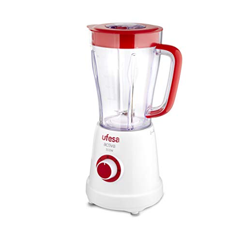 Ufesa BS4707 Activa Batidora de Vaso con ventana en la Jarra y tapón dosificador, 500 W, 1.5 litros, Plástico, 3 Velocidades, Blanco/Rojo