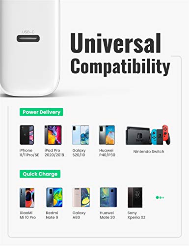 UGREEN 18W Cargador USB C Power Delivery 3.0 Carga Rápida para iPhone Se 2020 11 XR X XS Max 8 iPad Pro Airpods Pro, Cargador Móvil Rápido QC 4.0 3.0 para Samsung S10 S9 S8 Xiaomi Redmi Note 9 Redmi 9