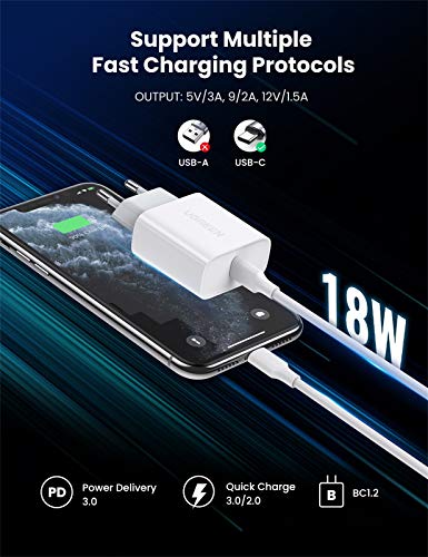 UGREEN 18W Cargador USB C Power Delivery 3.0 Carga Rápida para iPhone Se 2020 11 XR X XS Max 8 iPad Pro Airpods Pro, Cargador Móvil Rápido QC 4.0 3.0 para Samsung S10 S9 S8 Xiaomi Redmi Note 9 Redmi 9