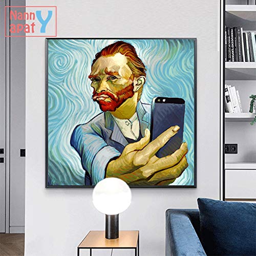 UIOLK Van Gogh Selfie por teléfono Pintura en Lienzo Divertida Carteles e Impresiones murales Abstractos Pintura de Retrato de Van Gogh decoración del hogar