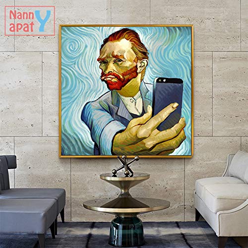 UIOLK Van Gogh Selfie por teléfono Pintura en Lienzo Divertida Carteles e Impresiones murales Abstractos Pintura de Retrato de Van Gogh decoración del hogar