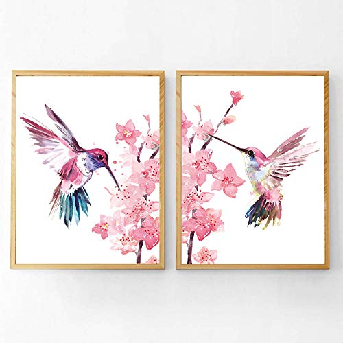 UKART - Juego de 2 impresiones de pared sobre lienzo de colibrí con colibríes en la flor - Arte de pared con flor de cerezo para el jardín de infantes (no marco, 20,3 x 25,4 cm)