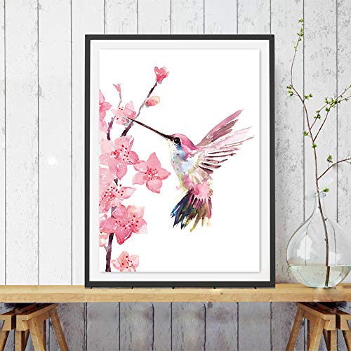 UKART - Juego de 2 impresiones de pared sobre lienzo de colibrí con colibríes en la flor - Arte de pared con flor de cerezo para el jardín de infantes (no marco, 20,3 x 25,4 cm)