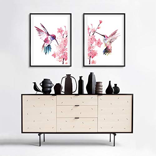 UKART - Juego de 2 impresiones de pared sobre lienzo de colibrí con colibríes en la flor - Arte de pared con flor de cerezo para el jardín de infantes (no marco, 20,3 x 25,4 cm)