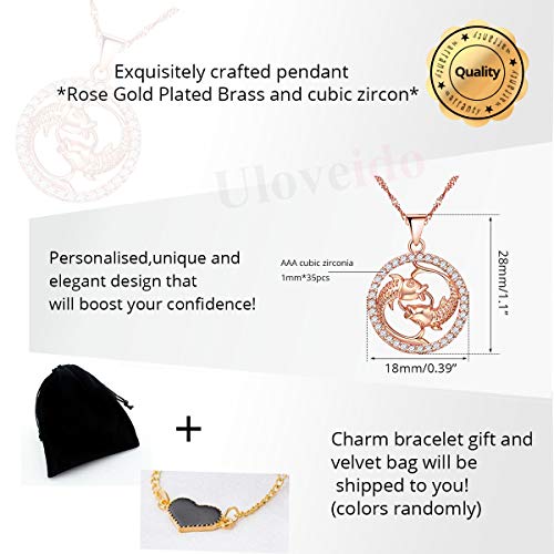 Uloveido Rosegold Color Piscis Collar con CZ Stone Mujeres Niñas Cumpleaños Joyería Zodiac Sign Collares para Mujeres N1047