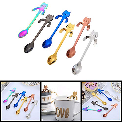 Umiwe 6 pcs Café Cuchara Forma de Gato de Acero Inoxidable, diseño de Gatos cucharitas, Ideales para café, postres, Bebidas, Mezclar o Batidos (Multicolor 6)