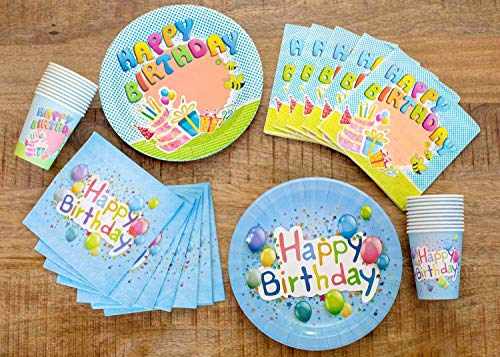 UMOI Set de Fiesta desechable para cumpleaños – 30 Platos de cartón, 30 Vasos de cartón y 60 servilletas para el cumpleaños Ideal. 120 Unidades en Total (Cumpleaños)