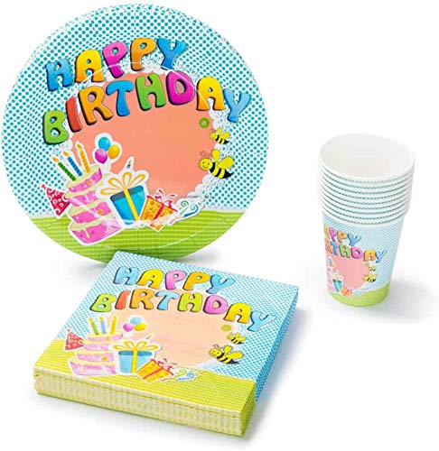UMOI Set de Fiesta desechable para cumpleaños – 30 Platos de cartón, 30 Vasos de cartón y 60 servilletas para el cumpleaños Ideal. 120 Unidades en Total (Cumpleaños)