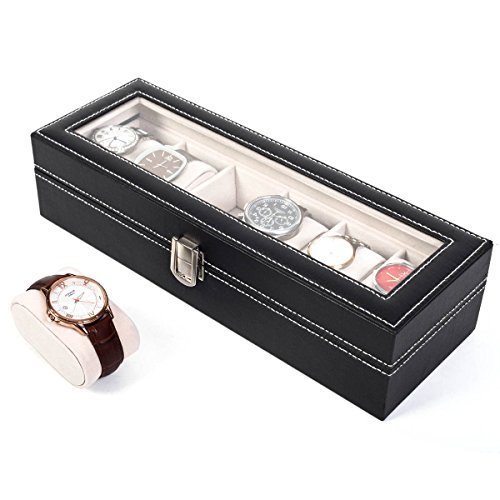 unbrand 6 Ranura Superior de Vidrio de Cuero Caja de Reloj Vitrina Organizador joyería Almacenamiento Nuevo