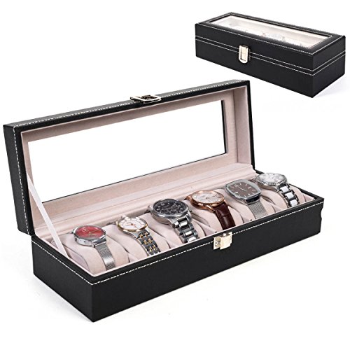 unbrand 6 Ranura Superior de Vidrio de Cuero Caja de Reloj Vitrina Organizador joyería Almacenamiento Nuevo