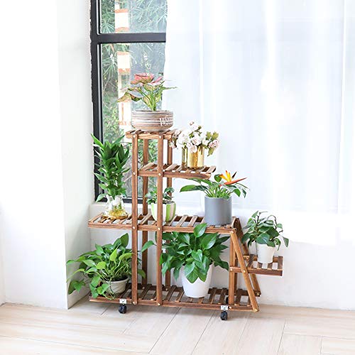 unho Soporte de Madera para Flores con Ruedas Estantería para Macetas con 5 Niveles Estantería Decorativa de Plantas Macetas para Exterior Interior Jardín 88×25×98cm