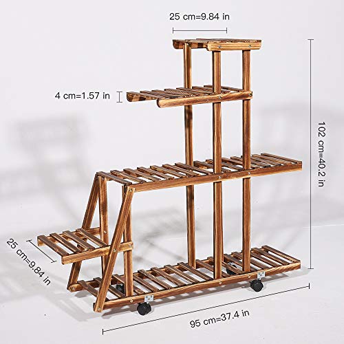 unho Soporte de Madera para Flores con Ruedas Estantería para Macetas con 5 Niveles Estantería Decorativa de Plantas Macetas para Exterior Interior Jardín 88×25×98cm