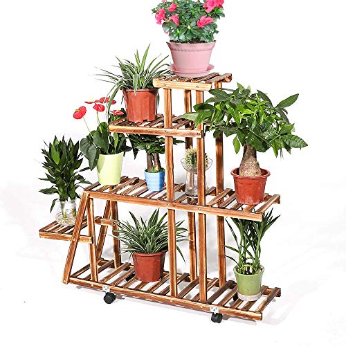 unho Soporte de Madera para Flores con Ruedas Estantería para Macetas con 5 Niveles Estantería Decorativa de Plantas Macetas para Exterior Interior Jardín 88×25×98cm