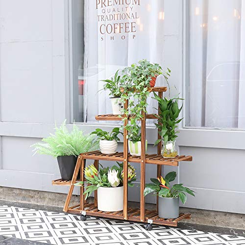 unho Soporte de Madera para Flores con Ruedas Estantería para Macetas con 5 Niveles Estantería Decorativa de Plantas Macetas para Exterior Interior Jardín 88×25×98cm