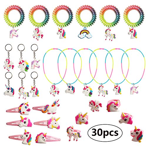 Unicornio Collar Llavero Rubber Anillo Espiral Pelo Corbatas Pulsera Silicona Goma Horquilla Pinza Pelo Cabello Escuela Clase Piñata Cumpleaños Xmas Adornos Juguete Bolsas Relleno llenador Regalo