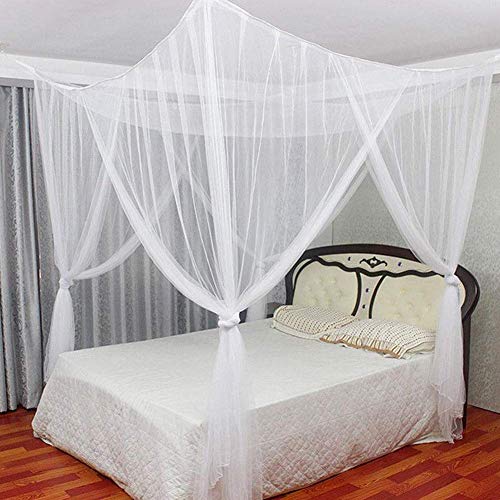 Unimall Mosquitera para Cama Matrimonio Anti mosquitos para el Hogar o de Vacaciones con Cuatro Esquina Post Cama Princesa Dosel Mosquitera con Apertura Grande(malla densa) (Blanco)