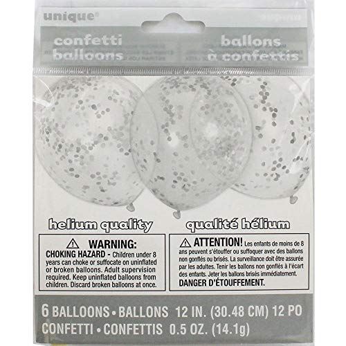 Unique Party- Paquete de 6 globos confetti, Color plata, 30 cm (58112)