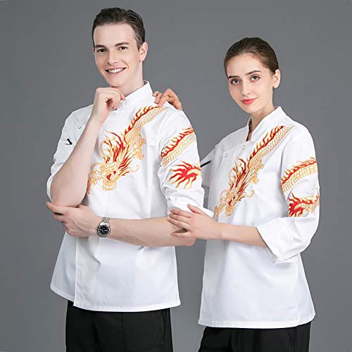 Unisex Chaqueta De Chef De Manga Larga para Hombres Y Mujeres,Algodón Chef Smocks para Restaurante Bistro,Patrón De Dragón Chef Coat Delantales,Cocina Delantal De Cocina Blanco S