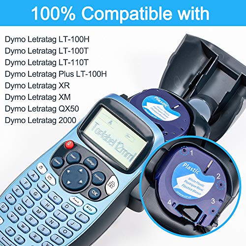 Unistar – Cinta de Etiquetas Compatible para Usar en Lugar de Dymo LetraTag 91201 S0721610, 5x Plastico Negro sobre Blanco 12mm x 4m para Dymo LetraTag LT-100H LT-100T LT-110T QX 50 XR XM 2000 Plus