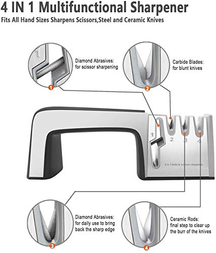 Unknow Afilador de Cuchillos de Cocina, Afilador de Tijeras Kit de Afilado Manual de Cuchillos, 4 en 1 Diamante Recubierto y Varilla de cerámica Fina
