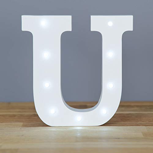 Up in Lights Muestra decorativa de madera blanca de las letras del LED - colgante de pared con pilas - Letra U