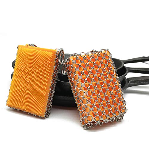 UPKOCH Depurador de malla de acero inoxidable para limpieza de hierro fundido con inserto de silicona para sartén de hierro fundido