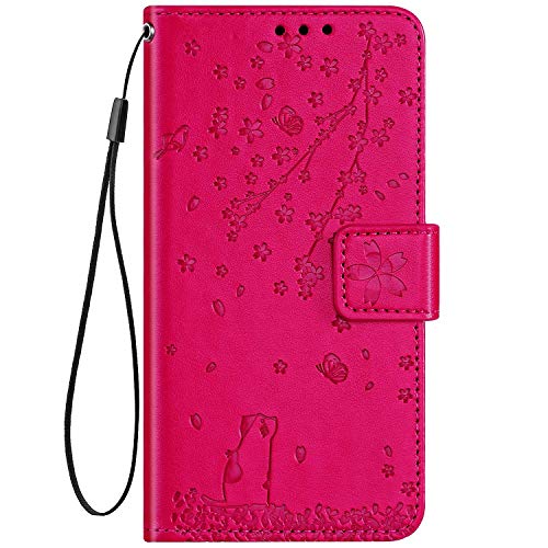 Uposao Compatible con Funda Huawei P10 Lite Carcasa Funda Libro de Cuero Estuche Completo,Elegante Flor de Cerezo Relieve Funda Folio Flip Case Cover Wallet pour Huawei P10 Lite,Rosa