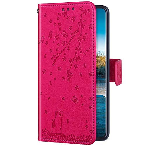 Uposao Compatible con Funda Huawei P10 Lite Carcasa Funda Libro de Cuero Estuche Completo,Elegante Flor de Cerezo Relieve Funda Folio Flip Case Cover Wallet pour Huawei P10 Lite,Rosa