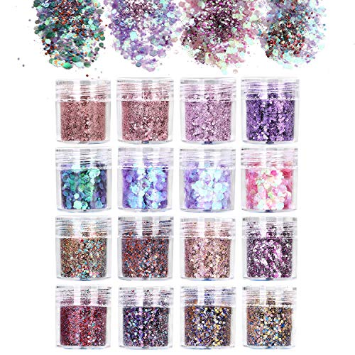 URAQT 16 Colores Purpurinas Polvo, Chunky Glitter Flakes Paillette Brillante Decoración para Cara Maquillaje Pelo Arte Corporal Uñas y Mejilla-C