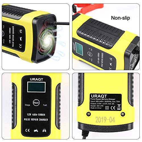 URAQT Cargador Baterias Coche, Mantenimiento Automático Inteligente 6A 12V con Múltiples Protecciones para Coche Moto ATV RV Barco