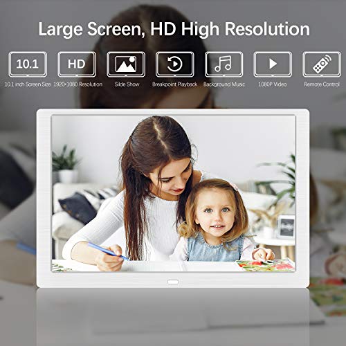 UrChoiceLtd Marco Digital Fotos 10.1 Pulgadas HD 1920x1080 Marcos Digitales Foto y Video/Reproductor de Audio/Reloj/Electrónico/Calendario Compatible con Tarjeta USB/SD con Control Remoto(Blanco)