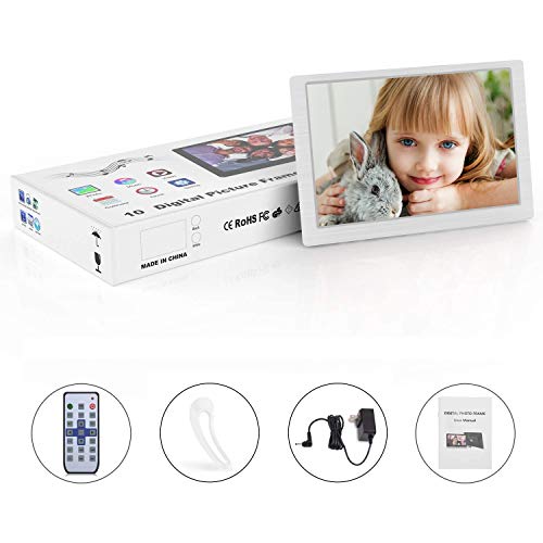 UrChoiceLtd Marco Digital Fotos 10.1 Pulgadas HD 1920x1080 Marcos Digitales Foto y Video/Reproductor de Audio/Reloj/Electrónico/Calendario Compatible con Tarjeta USB/SD con Control Remoto(Blanco)