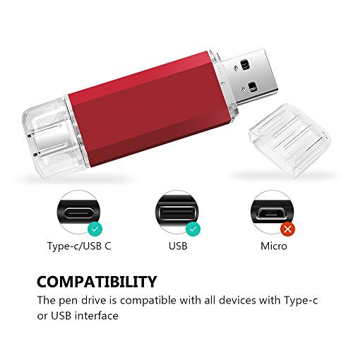 USB C Pendrive 32GB, 2 en 1 Memoria USB Tipo C 32GB OTG USB Flash Drive Memory Stick 32 GB para Portátil, Teléfono y Otras Dispositivos USB o Type C (Rojo)